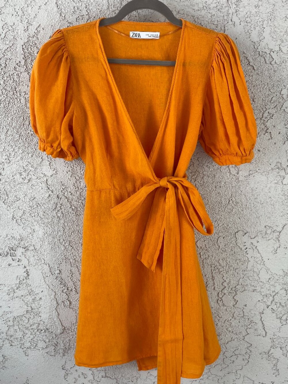 100% Linen Orange Puff Sleeve Wrap Mini Dress Zara Size Small